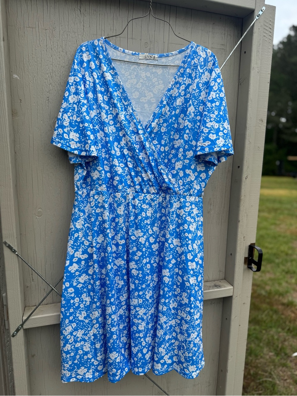 Blue Floral Wrap Dress - Short Sleeve V-Neck